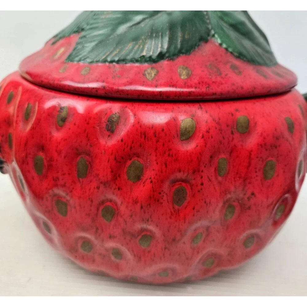 Vintage 1970s Ceramic Strawberry  Serving Bowl Cookie Jar w/ Lid 11